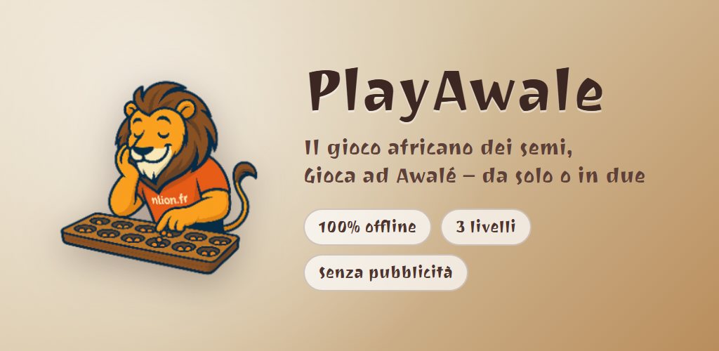 PlayAwale su Android: il leone davanti al suo tavoliere di awalé