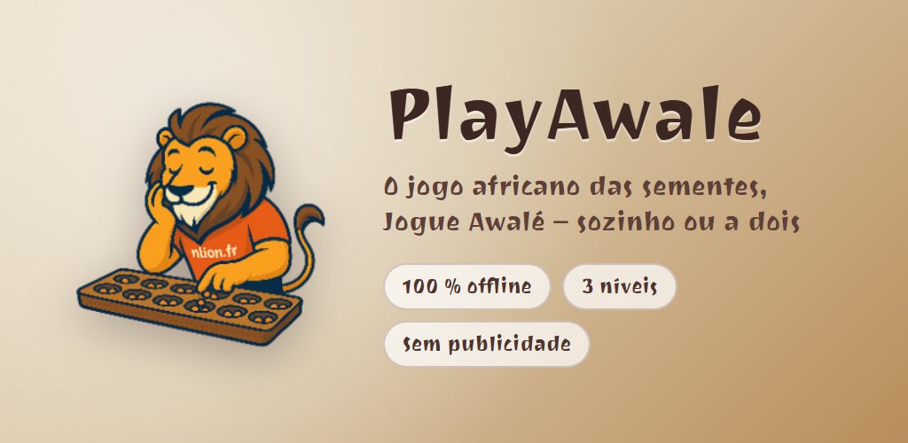 PlayAwale no Android: o leão diante do seu tabuleiro de awalé